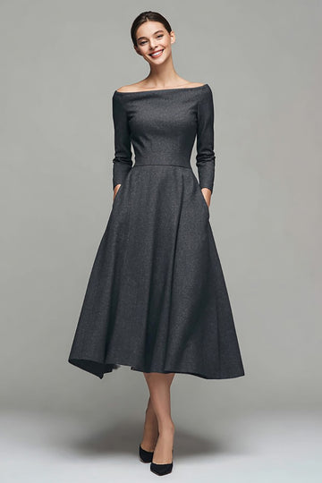 Dark Grey A Line Bateau Neck Work Dress with Long Sleeves